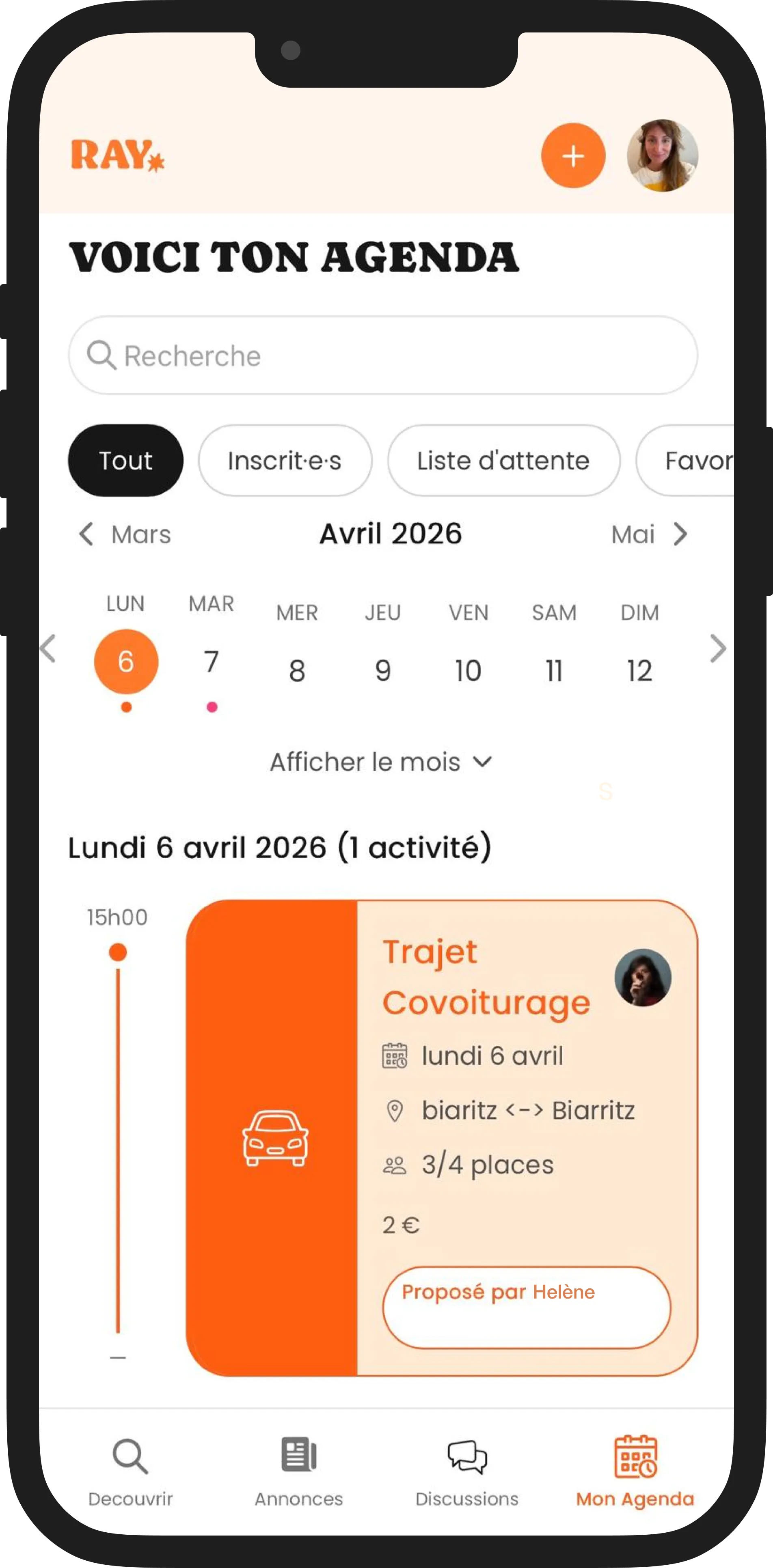 Écran agenda covoiturage Ray