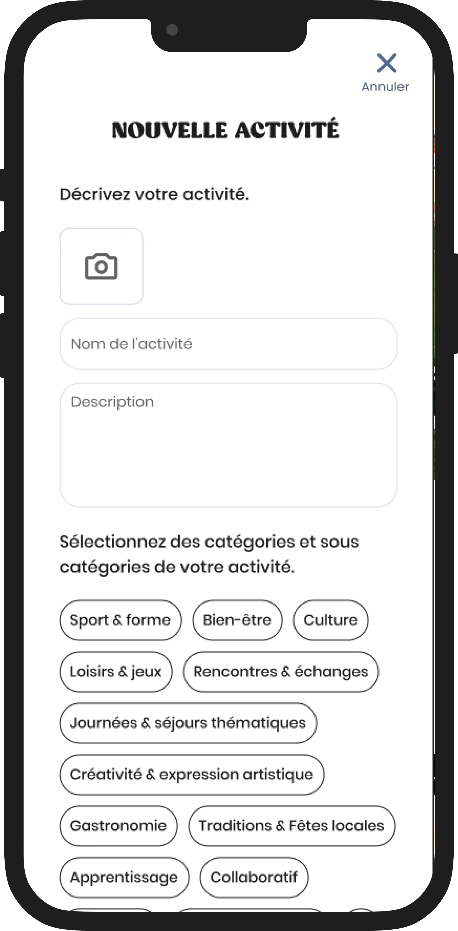 Écran création d’activité Ray - centre