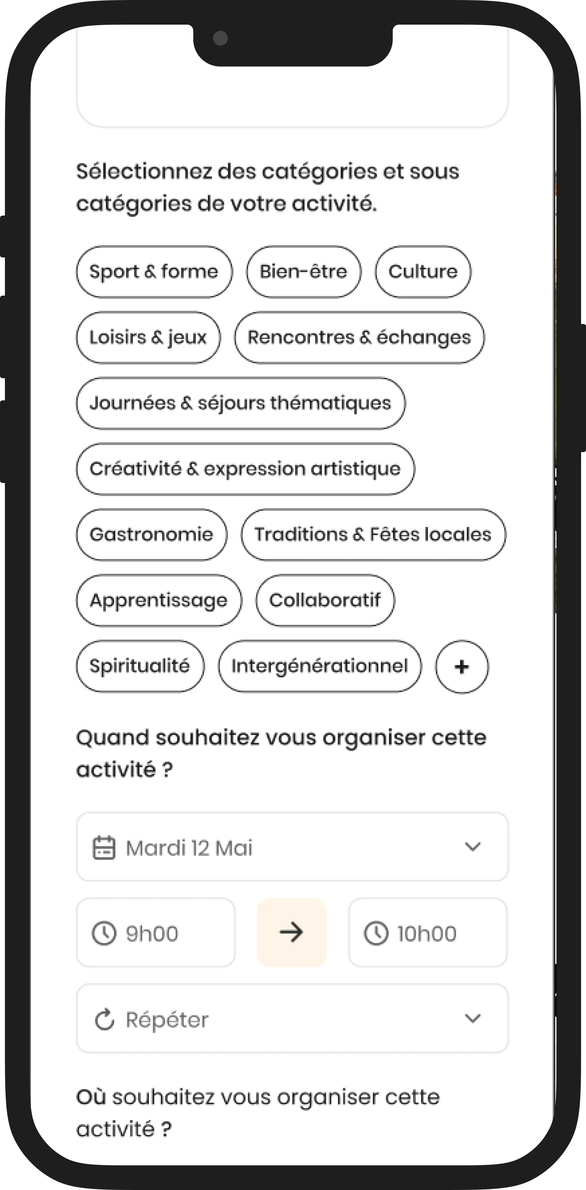 Écran création d’activité Ray - gauche