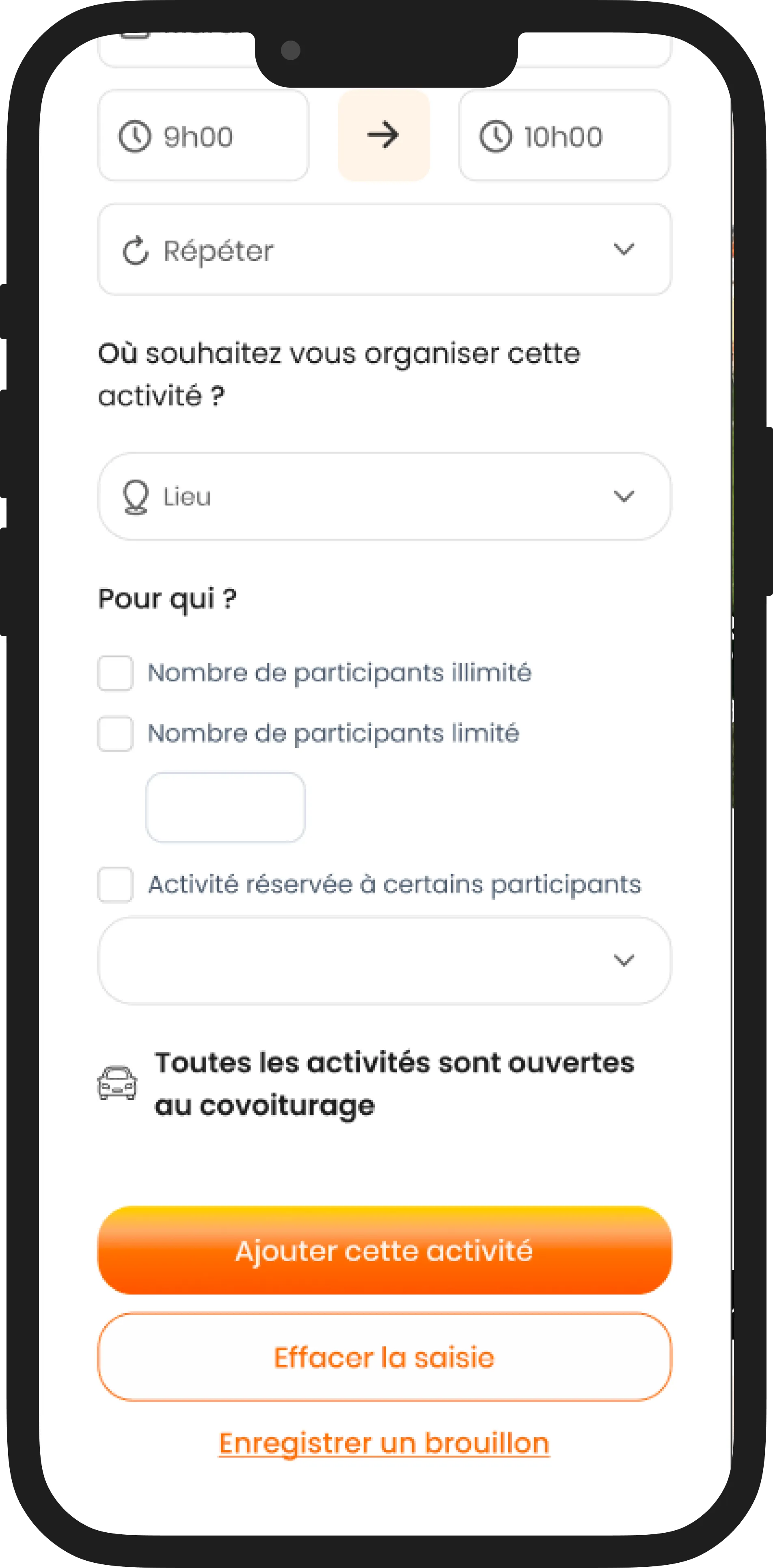 Écran création d’activité Ray - droite